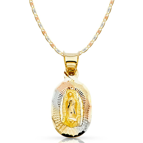 14K Tri Color Gold Diamond Cut Communion Stamp Charm Pendant with 2mm Figaro 3+1 Chain Necklace 